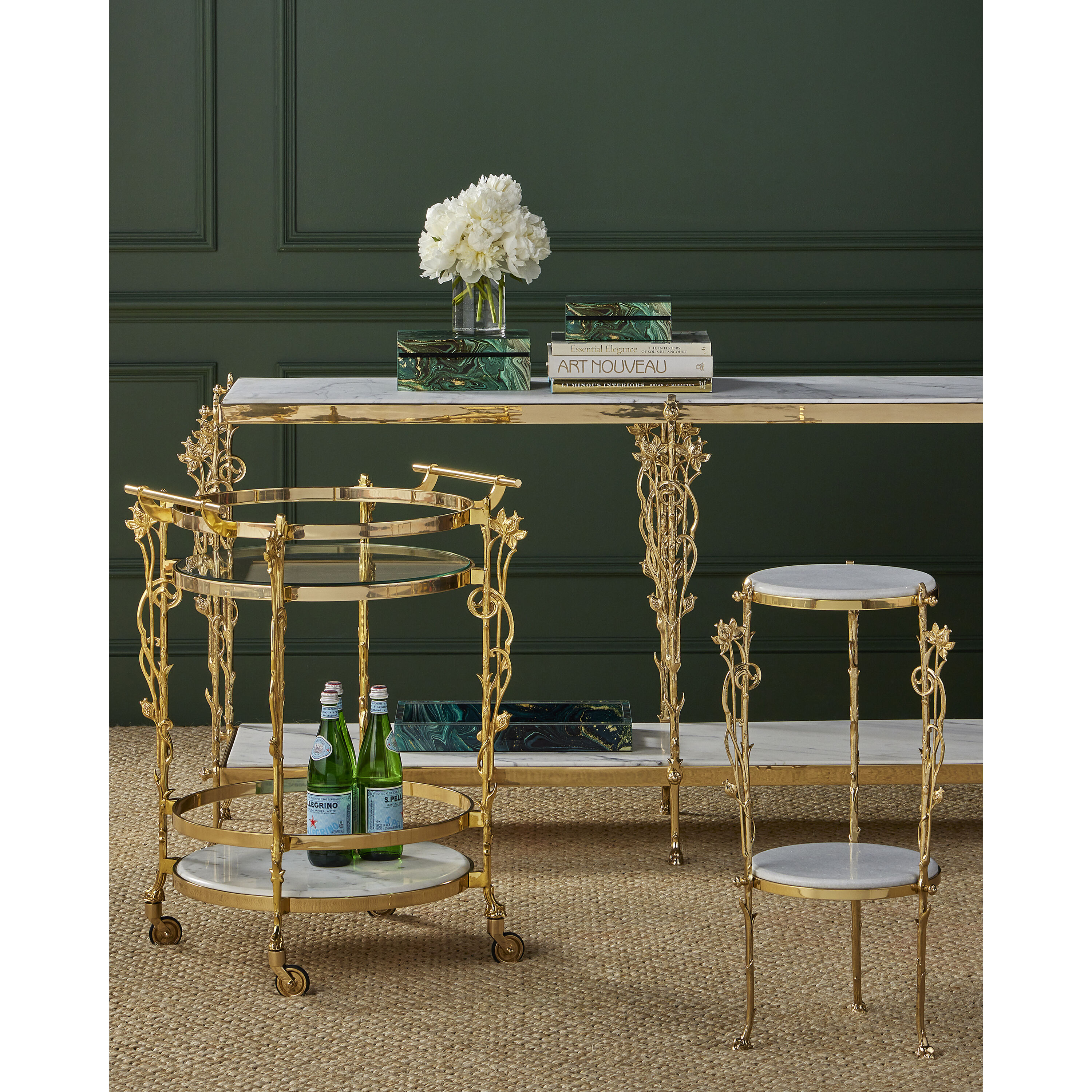 Fiore Polished Brass/Clear/Natural Bar Cart
