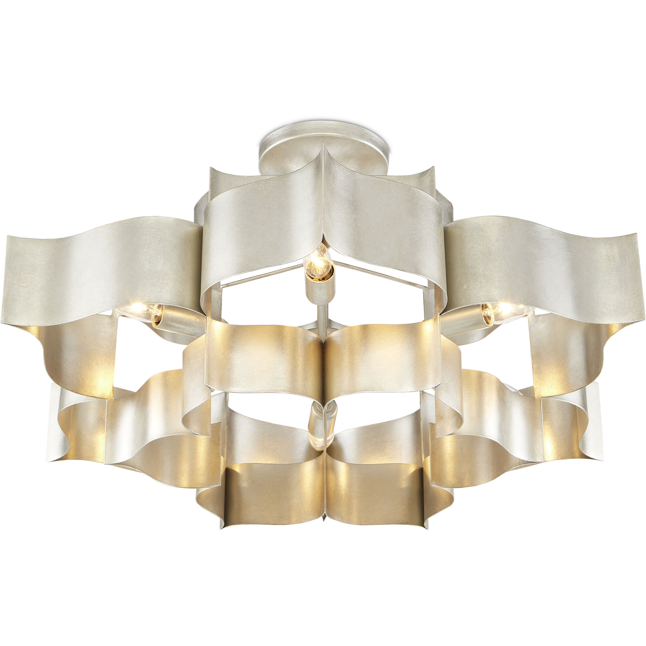 Grand Lotus 6 Light 30 inch Contemporary Silver Leaf Chandelier Ceiling Light, Large, Semi-Flush Convertible