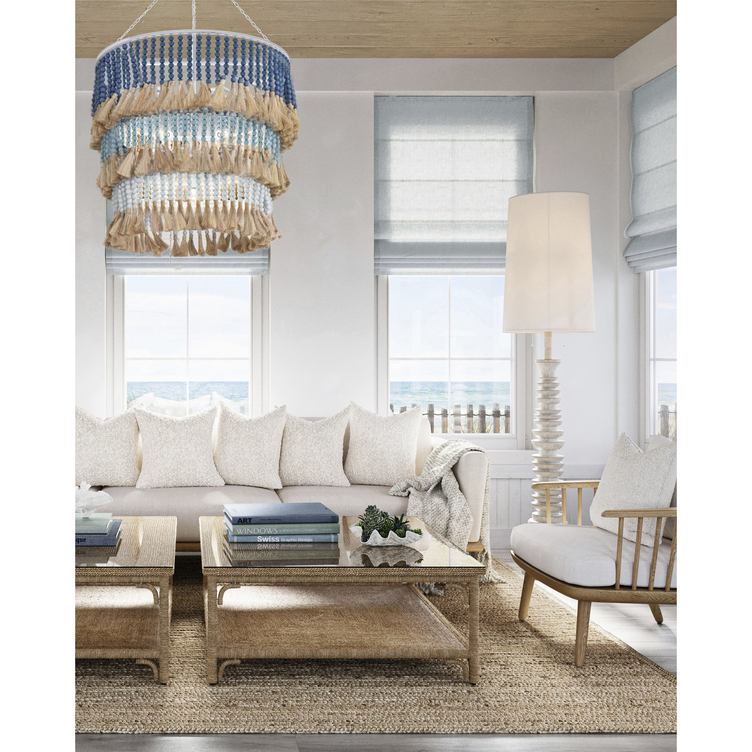 St. Barts 7 Light 33 inch Sugar White/Mist Blue/Demin Blue/Natural Rope Chandelier Ceiling Light