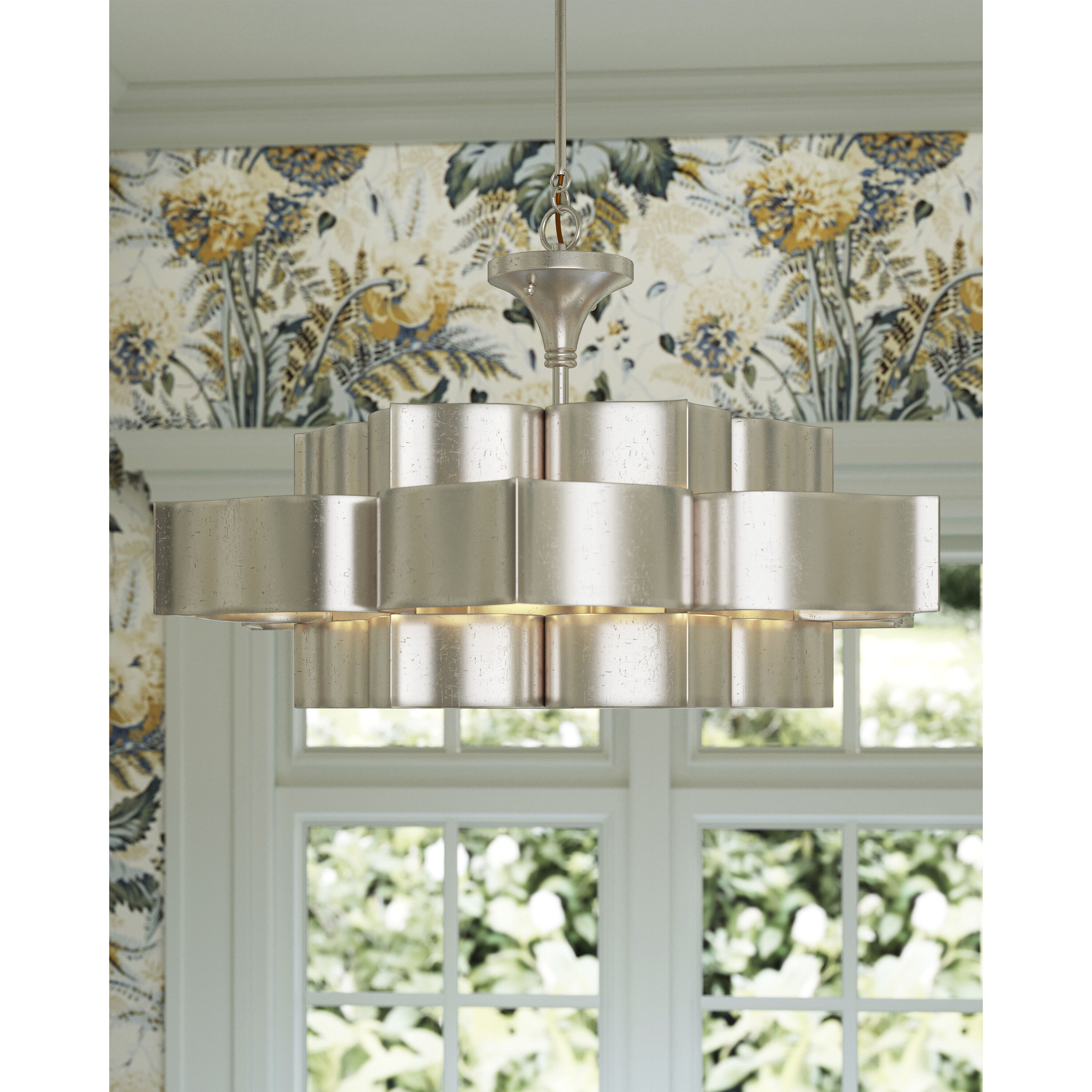 Grand Lotus 6 Light 30 inch Contemporary Silver Leaf Chandelier Ceiling Light, Large, Semi-Flush Convertible
