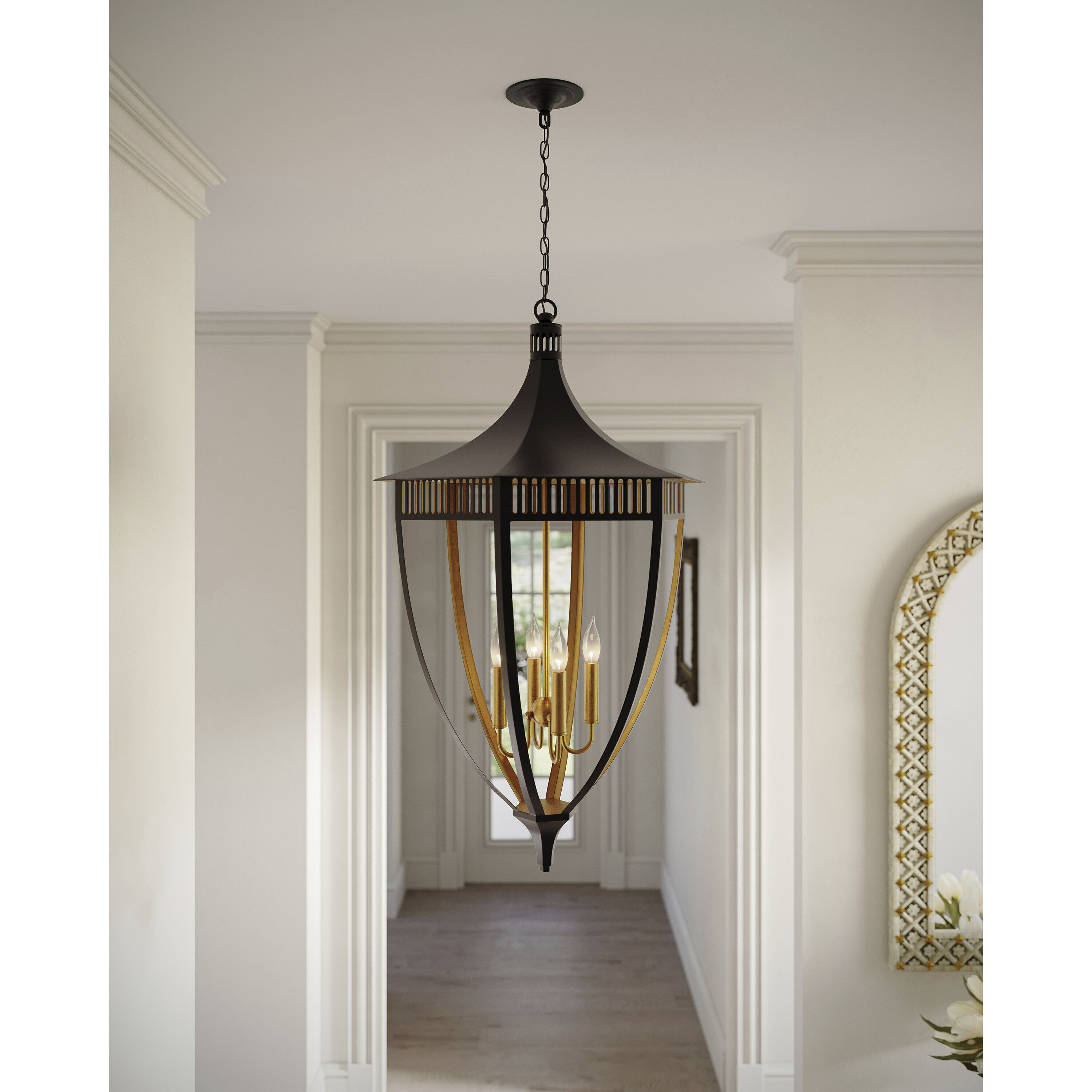 Wycombe 4 Light 23.5 inch Satin Black/Contemporary Gold Leaf Lantern Pendant Ceiling Light, Bunny Williams Collection