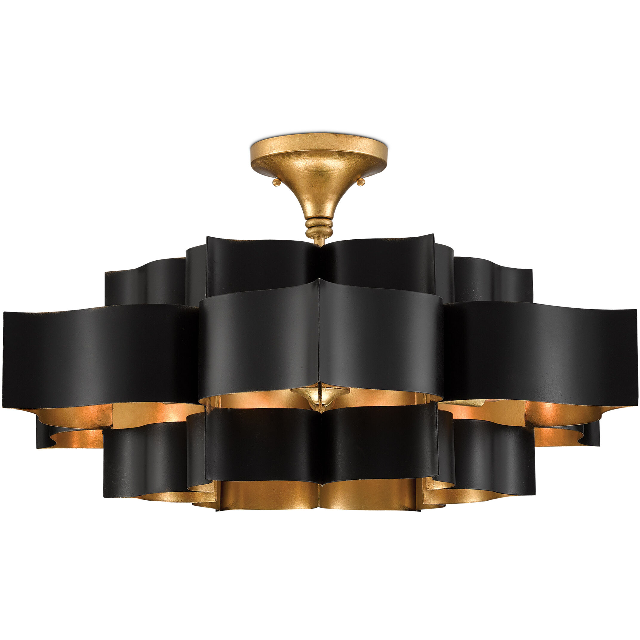 Grand Lotus 6 Light 30 inch Satin Black/Contemporary Gold Leaf Chandelier Ceiling Light, Large, Semi-Flush Convertible