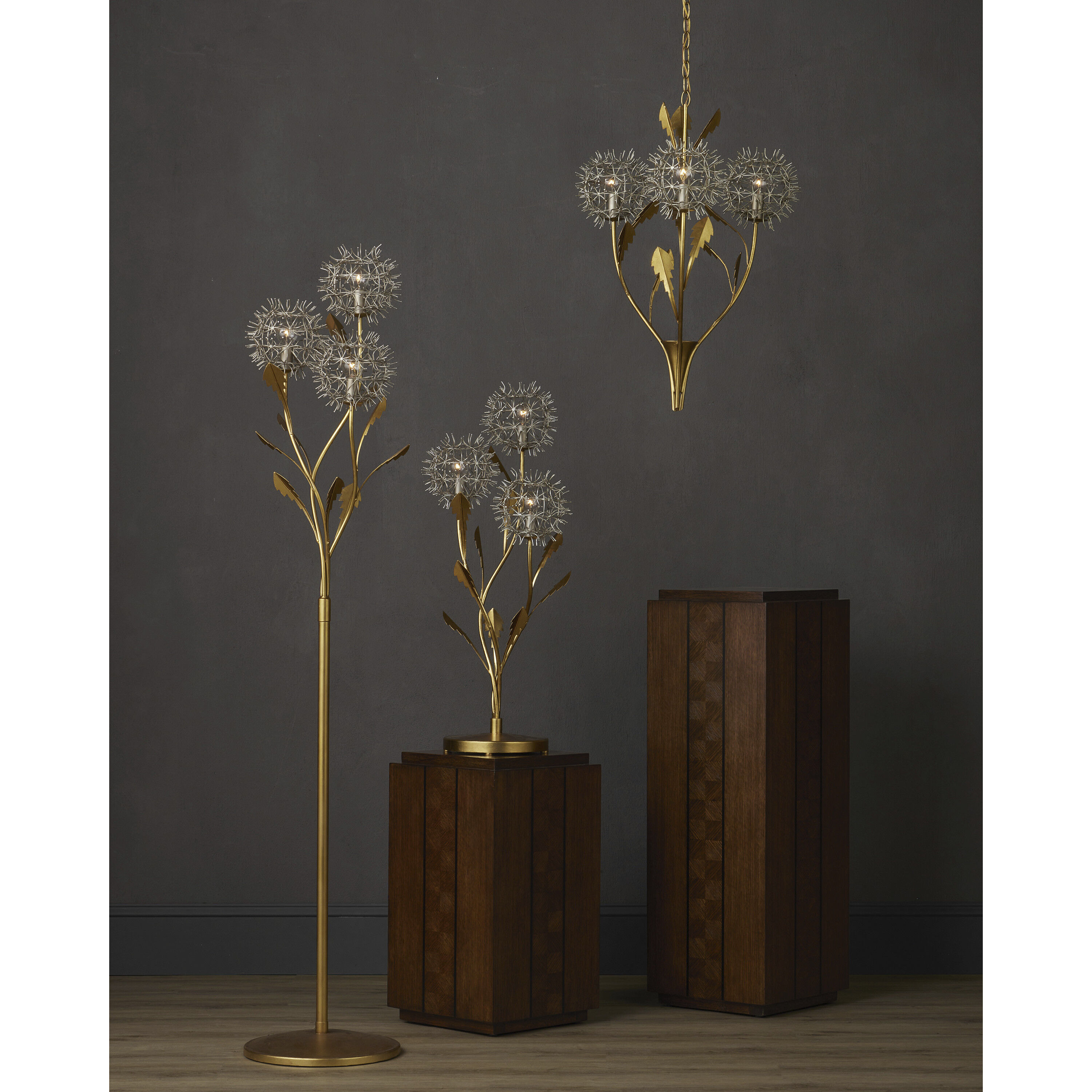 Dandelion 3 Light 22.75 inch Silver and Contemporary Gold Leaf Pendant Ceiling Light