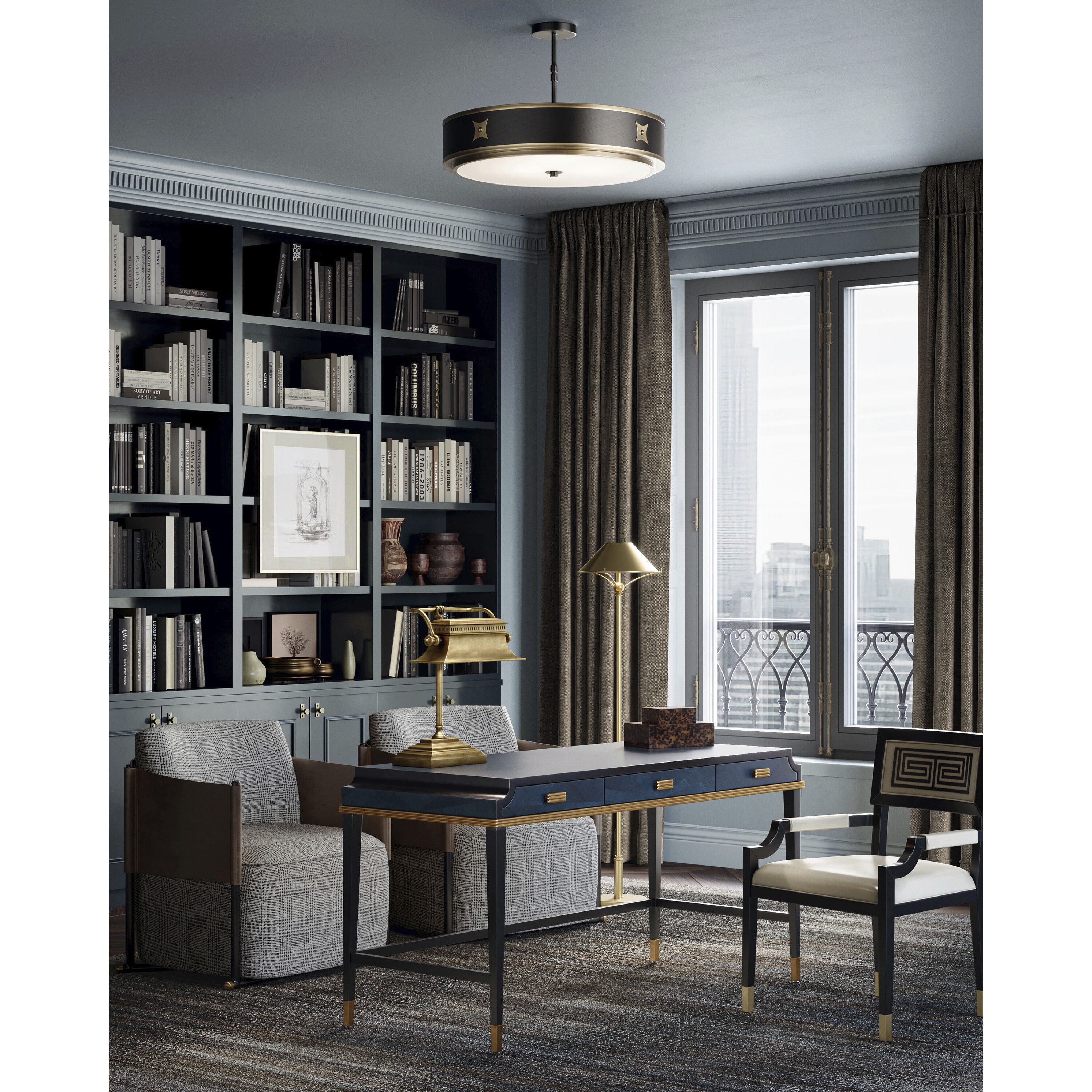 Huntsman 3 Light 24.5 inch Satin Black/Antique Brass/White Semi-Flush Mount Ceiling Light