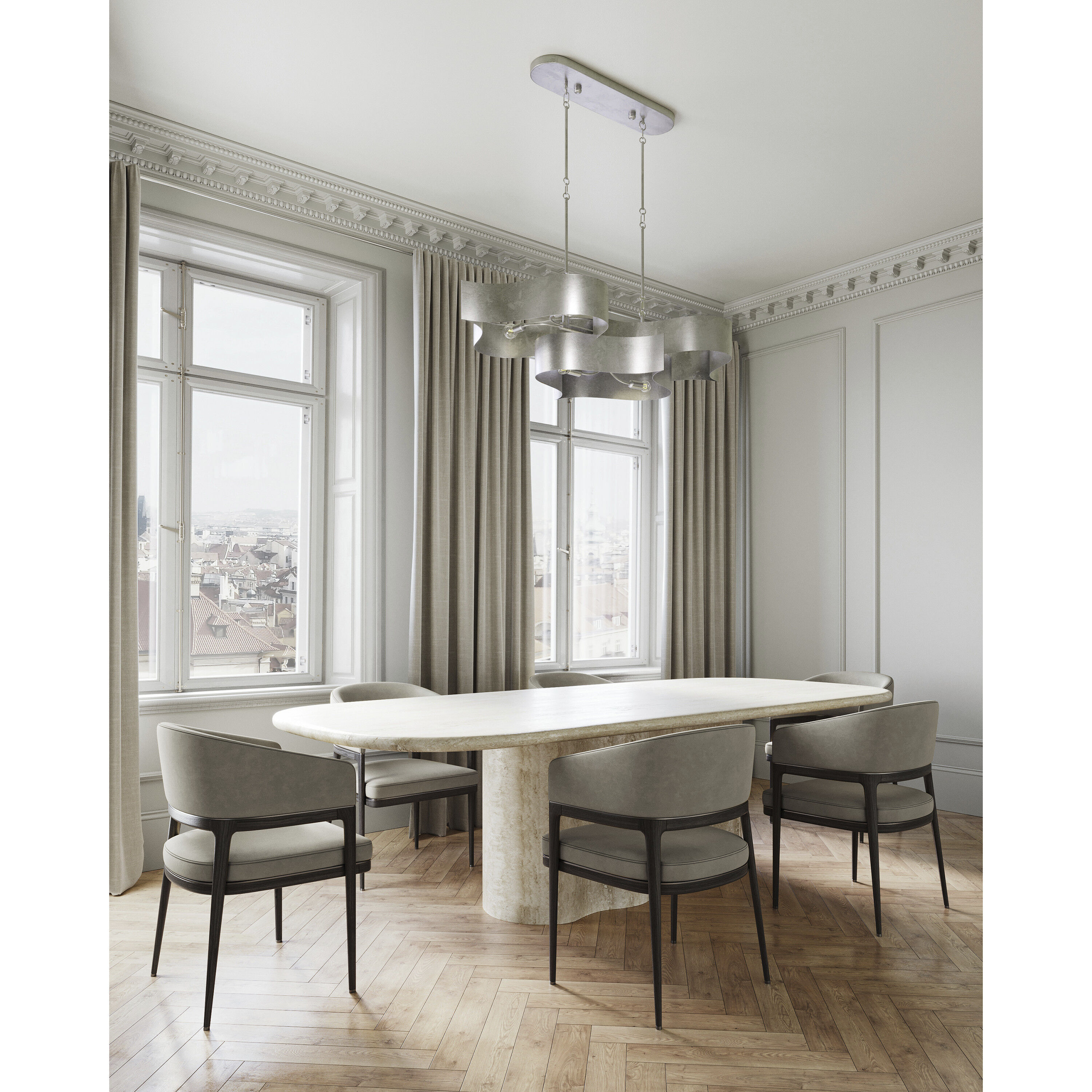 Grand Lotus 6 Light 50.5 inch Contemporary Silver Leaf Chandelier Ceiling Light, Oval