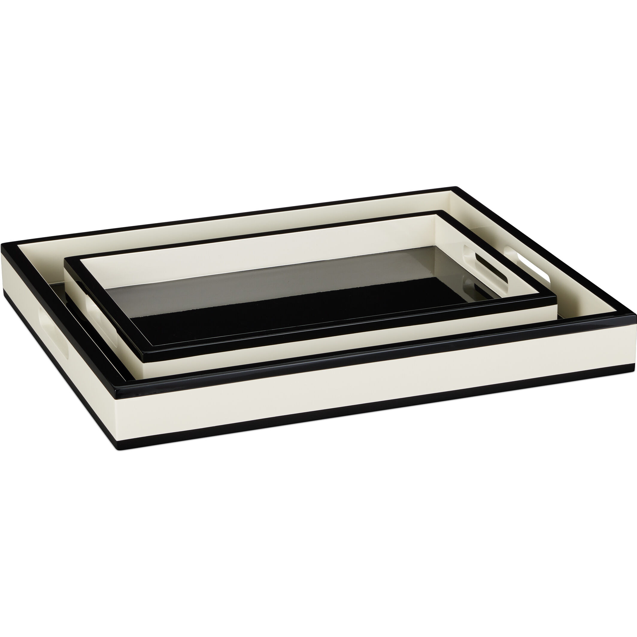 Ivory Lacquer Ivory/Black Trays, Set of 2
